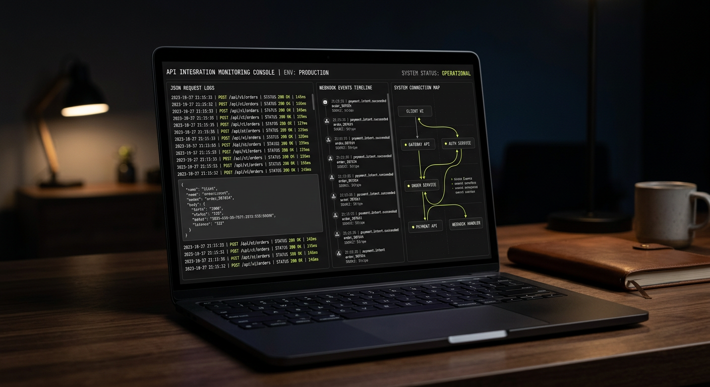 Mockup de console de monitoramento de integrações e webhooks