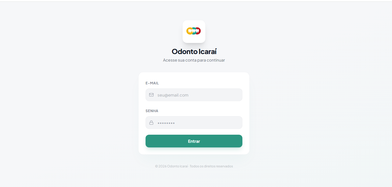 Tela de acesso do Odonto Icaraí, com logo de dentes coloridos, formulário de e-mail e senha e botão Entrar verde sobre fundo claro.