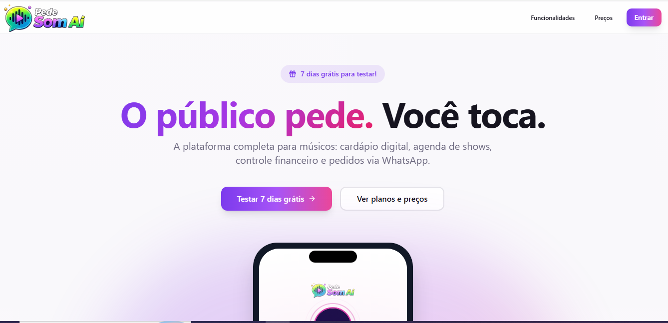 Página inicial do Pede Som Aí com fundo claro, logo colorido, título em roxo e rosa "O público pede. Você toca.", botões de teste e planos e prévia do cardápio em um celular.